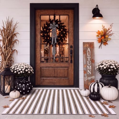 Moucuny 2'4'' X 3'7'' Khaki Black White Fall Vertical Stripe Outdoor Rug - Image 3