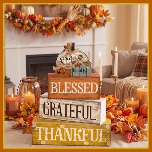 Lineshading 4 Pcs Stacked Pumpkin Block Signs, Fall Thanksgiving Decor - Image 4