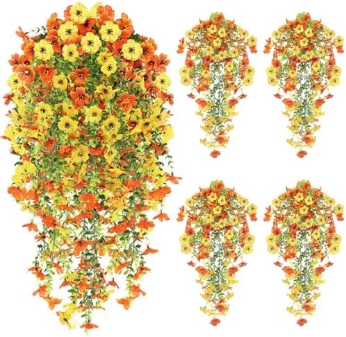4PCS Artificial Hanging Flowers for Outdoors Summer Decoration, Upgrade UV Resistant Faux Silk Hanging Plants for Outside Home Planter Porch Patio Decor (Orange&Yellow) by FUTBER