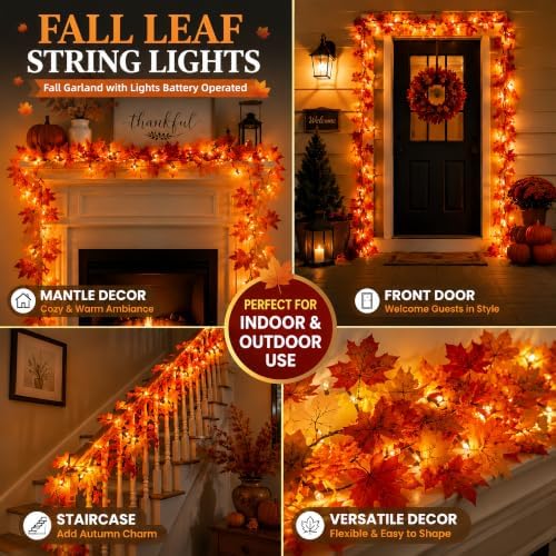 2Pack Fall Garland with Lights Battery Operated,9.8FT 50 Orange Bulbs Lighted Fall Leaves Garland,Fall Decorations for Home Thanksgiving,Halloween,Fireplace，Mantel,Porch,Table Decor Indoor Outdoor - Image 6