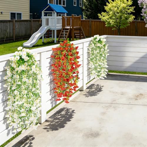 6 Pcs White Artificial Hanging Flowers 30 Inch Morning Glory Vines UV Resistant Fake Hanging Plants Silk Hanging Flowers for Outdoor Porch Window Garden Wedding Farmhouse Home Decor - Image 5