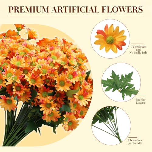 8 Bundles Artificial Daisy Flowers for Outdoors, UV Resistant Faux Daisy Mums for Outdoor Planters, Front Porch, Patio, Yard, Garden, Window Box Spring Summer Fall Decor, Orange - Image 3