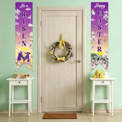 Easter Door Banner Set of 2, He Is Risen Banner Sign, Happy Easter Religious Porch Banner Decoration, Banners Decor for Front Door Porch Wall Yard Party Supplies Indoor Outdoor Decoration (Purple) - Image 5