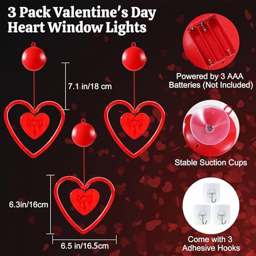 Lewondr 3Pcs Valentines Day Window Lights with 2 Lighting Modes, Red - Image 4