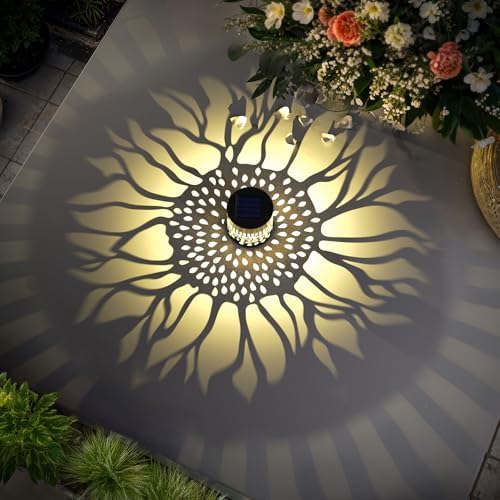 Hapjoy Solar Fence Lights 2 Pack Outdoor Deck Step Wall Lights Metal Waterproof LED Warm Yellow Light for Garden Post Patio Backyard Yard Decor (Sunflower, 2) - Image 6