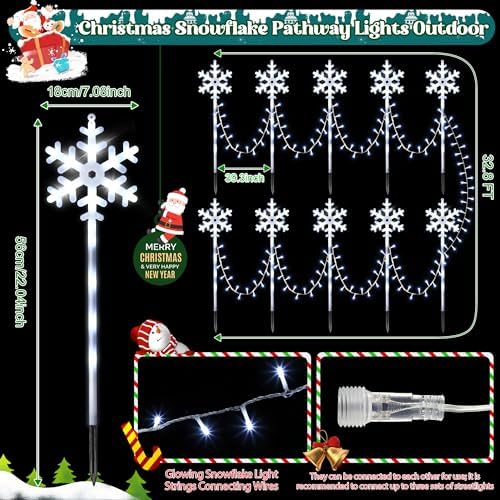 10 Pcs Christmas Snowflake Pathway Stake Lights for Outdoor Yard, 370 Bright LEDs Waterproof Large Christmas Snowflake Light Decoration for Garden Lawn Driveway Walkway Decor(Cool White) - Image 2