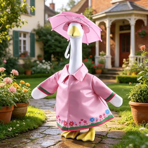 Raincoat Porch Goose Outfits, Summer Lawn Goose Raincoat Costume, Spring Outfit Yard Goose Rain Coat Clothes with Umbrella Hat Fits 23” Geese Statue for Patio Garden Outdoor Decorations (Pink) - Image 5