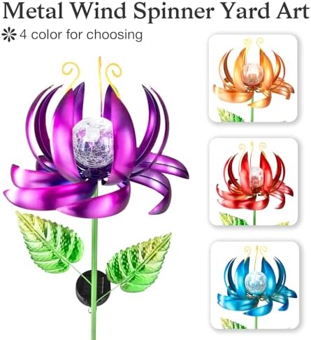 Solar Yard Lights Wind Spinners- Metal Lotus Flower Garden Decor LED Crackle Glass Globe Yard Art Sculpture Solar Stake Lights for Patio Pathway Lawn Walkway (Purple-Large) - Image 2