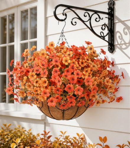 HyeFlora Artificial Flowers with Hanging Basket Planter for Home Decoration, Daisy with Eucalyptus Leaves Outdoor Indoor Garden Yard, Metal Coconut Lining Basket with Faux Plant (Fall-OrangeYellow) - Image 5