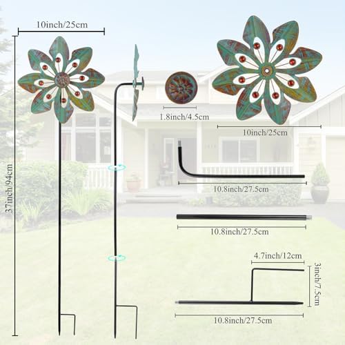 VEWOGARDEN 2 Pack Wind Spinners Outdoor, Metal Wind Spinner with Flower Design for Yard Garden Lawn Decorations, Copper Green - Image 3