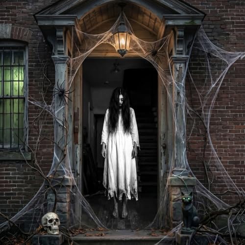 Terrifyingly Realistic Halloween Door Cover: Scary Ghost Woman Door Cover, 3D Illusion Horror Halloween Door Banner, Creepy White Dress Ghost Door Mural for Haunted House Decoration - Image 6