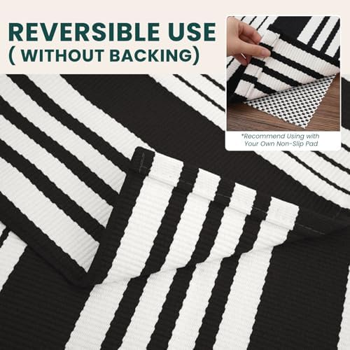 KOZYFLY 3'x5' Striped Area Rug, Black and White Woven Cotton Outdoor Rug - Image 4