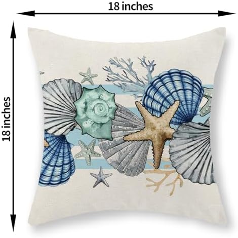 Coastal Pillow Covers 18x18 Inch Set of 2 Blue Nautical Starfish Pillow Covers Summer Outdoor Ocean Beach Coral Shell Decorative Pillow Cases Linen Square Cushion Cover Decor for Couch Home - Image 2