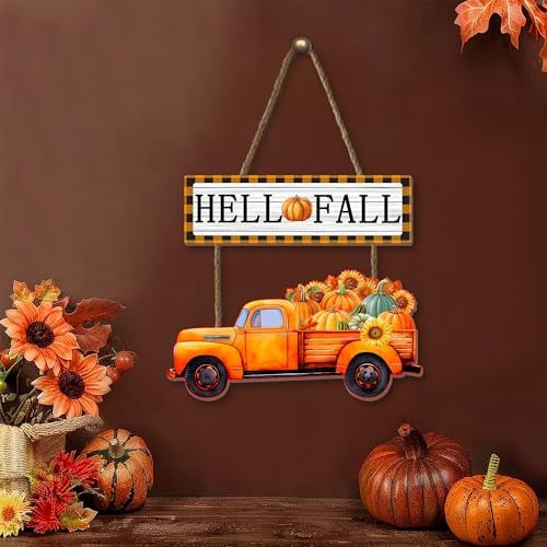 Hello Fall Hanging Sign for Front Door - 14.5"x9" Thanksgiving Welcome Door Sign with Pumpkins - Farmhouse Vintage Autumn Decoration for Fall Porch Home Wall - Image 4