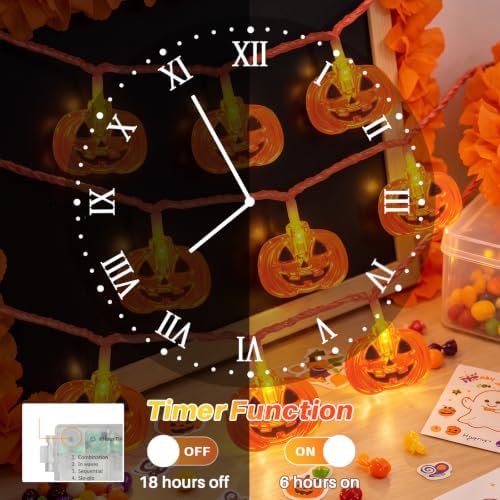 LAMPHOME Halloween String Lights, 16FT 50 LED Pumpkin Battery Operated Lights, 8 Lighting Modes with Timer Orange Jack-O-Lantern Fairy Lights for Indoor Outdoor Halloween Party Yard Decorations - Image 6