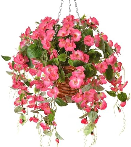 Artificial Fake Hanging Hibiscus Flowers Plants Baskets for Outdoor Decoration, Faux Silk Hibiscus Long Vines in Planter UV Resistant Realistic Flowers for Outside Porch Patio Home Decor, Pink by HyeFloraartificialflowers