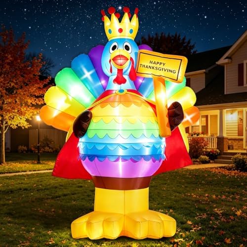 Domkom 6FT Thanksgiving Inflatable Turkey King Happy Thanksgiving Sign Yard - Image 6