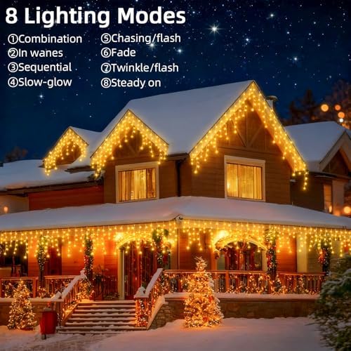 Christmas Outdoor Icicle Lights - 200 LED 21+16 FT 8 Modes Curtain Fairy String Light Plug in, Waterproof for Eaves Yard Holiday Xmas Holiday Indoor Outdoor Decoration - Warm White - Image 2