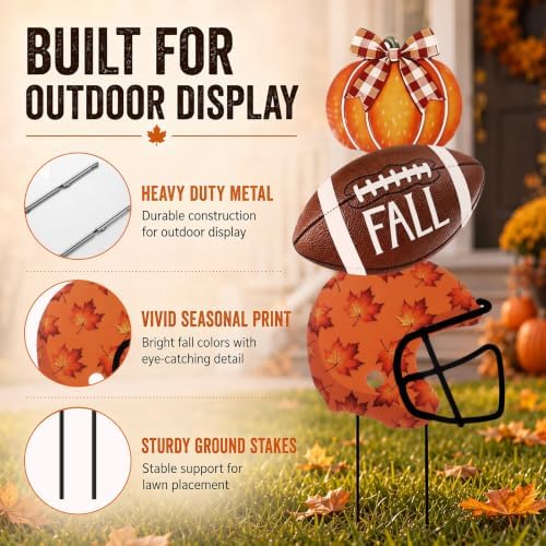 3 Pcs Fall Football Pumpkin Metal Yard Stake Pumpkin Decoration - Image 3