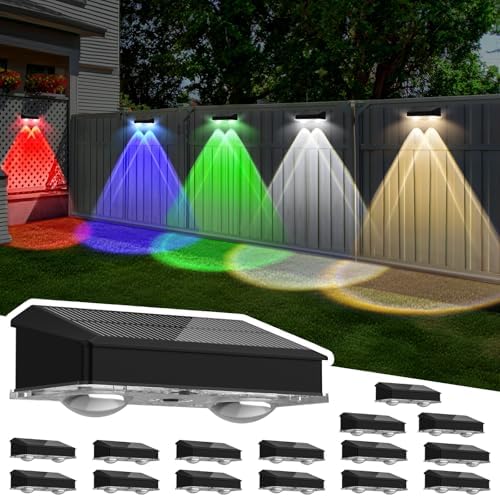 Solar Fence Lights Outdoor 16 Pack, Warm White & Cool White & 6 Colored+RGB Color Changing, High Bright LED Spot Lens Deck Lights Dusk to Dawn for Backyard Stair Railing Patio Wall, IP65 Waterproof by Lightkeeys