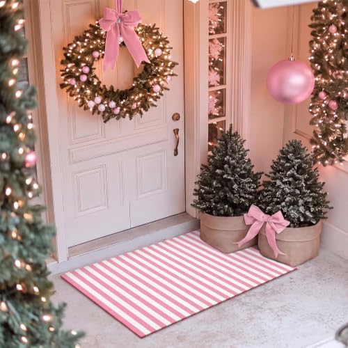 Moucuny Christmas Pink and White Vertical Stripe Outdoor Rug 2' X 3'Doormat - Image 3