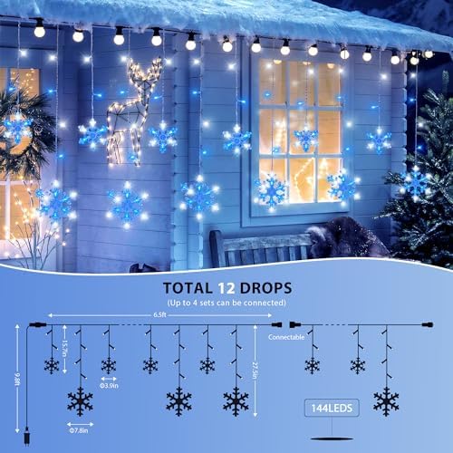 144 LED Snowflake Christmas Lights Outdoor,6.5FT with 12 Drops - Image 4