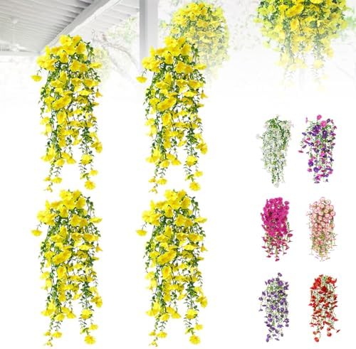 Artificial Flowers for Outdoors Fake Morning Glory Hanging Flower Decoration, 4 Pcs Realistic Faux Plants Petunias Trailing Vines, Spring Summer Decor for Porch Patio Balcony Planter Yard(Yellow) by BloomwithJoy