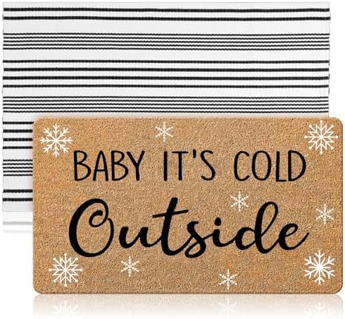 Duraaamo 2 Pcs Baby It's Cold Outside Door Mat Winter Christmas Nature Coir Welcome Outdoor Rug Black White Stripe Outdoor Christmas Front Porch Rugs Non Slip Floor Mats Indoor Entrance Decor by Duraaamo