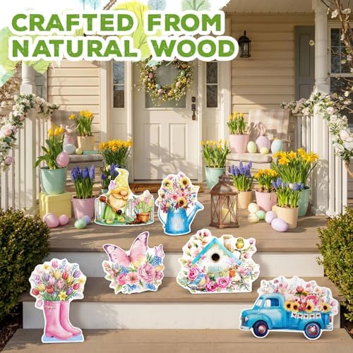 Novabright 6 Pcs Welcome Spring Porch Wood Sign Bulk Front Door 16 x 12 Inches Spring Decorations Home Rustic Wooden Decor Indoor Outdoor Yard Truck Gnome Floral Home Garden - Image 6