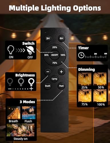Solar String Lights Outdoor, 50FT Patio Lights with Remote, 3 Modes & 4 Brightness Levels, Waterproof Shatterproof S14 LED Edison Bulbs, 2700K Warm White for Backyard, Porch, Deck, Garden - Image 4