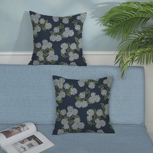 Navy Blue Spring Pillow Covers 20x20 Inch 2 Pcs Blue Green Hydrangea Flower Decor Throw Pillows Vintage Floral Seasonal Summer Outdoor Decoration Pillowcase Linen Cushion Cover for Couch Sofa - Image 3