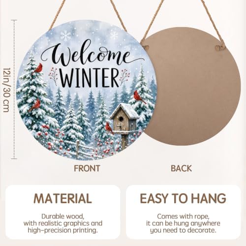 Winter Welcome Sign for Front Door Decor Christmas Snowflake Trees Round Outdoor Hanging Wooden Door Sign for Porch Xmas Holiday Farmhouse Wreath Hanger Sign for Outside Indoor Wall Decoration 12"X12" - Image 2