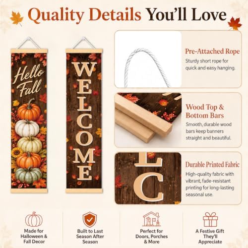Rustic Woodgrain Door Banner Set of 2, Hello Fall Pumpkin Porch Decor - Image 3
