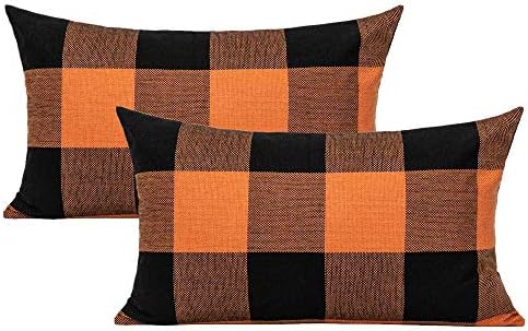 VAKADO 12x20 Inch Set of 2 Buffalo Plaids Decorative Throw Pillow Cases Farmhouse Fall Retro Checkers Lumbar Rectangle Cushion Covers Home Decor for Sofa Couch, Orange and Black by VAKADO