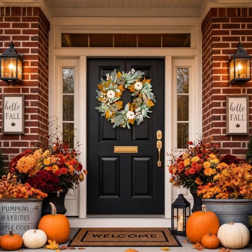 Pinkpum 20" Fall Wreath for Front Door Pumpkin Lambs Ear Wall Decor Autumn - Image 5