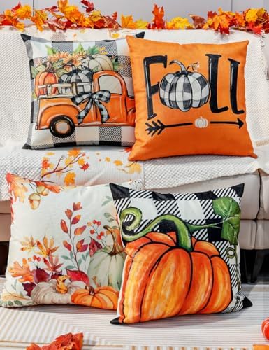TOYPOPOR Fall Decorations Pillow Covers Double-Side Printing 20'' x 20'' Set of 4, Pumpkins Thankful Blessed Buffalo Plaid Fallen Leaves Thanksgiving Throw Cushion Cases for Outdoor Indoor Home Decor - Image 3