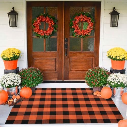 Fall Decor Buffalo Plaid Outdoor Rug 4x6 Ft Orange and Black Checkered Area Rug Halloween Washable Fall Indoor Outdoor Rugs for Porch, Entryway, Hallway, Kitchen, Living Room, Dining Room by WAYYE