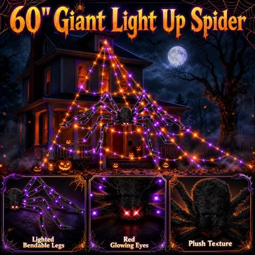 Makion 550 LEDs Halloween Decorations Outdoor Spider Web Lights with Spider - Image 6
