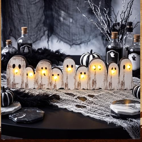 Yousoontic Halloween Ghost Decor Table Centerpieces, Cute Wooden Sign Decorations with LED Lights 3D Block, Lighted Ghost Ornament for Tabletop Mantel Windowsill Mantel Desk Table Home Office Party - Image 2