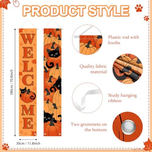 MEHOFOND Fall Black Cat Porch Banner Sign, Hello Fall Pumpkin and Maple Leaves Door Decorations, Fall Farmhouse Welcome Sign for Front Door, Autumn Porch Decor 71x12 Inches - Image 2