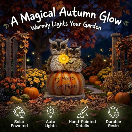 TERESA'S COLLECTIONS Fall Outdoor Decor Owl Pumpkin Solar Resin Light 7.1" - Image 4