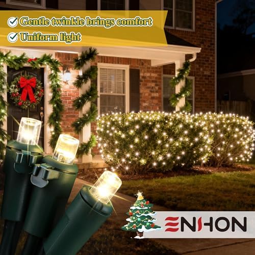 Enhon Slow Twinkling Christmas Net Lights, 6 x 4 ft Net, 100 Bulbs Twinkle Pulsing, 5mm LED Wide Angle Soft Random Shimmering Outdoor Light Set with Green Wire, Warm White(2 Pack) - Image 5
