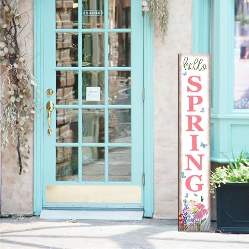Hello Spring Porch Sign Watercolor Flowers Front Door Hanging Decorations Indoor Outdoor Wooden Vertical Standing Welcome Sign For Home Yard Farmhouse Holiday Decor 47 x 7.8 inch - Image 4