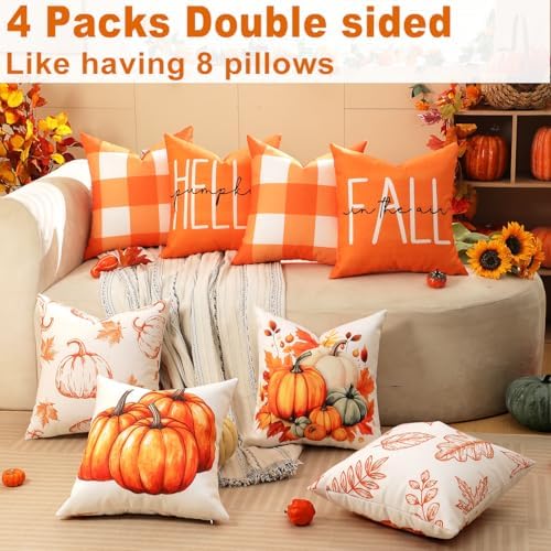 TOYPOPOR Fall Decorations for Home, 4 Packs Double Sided Throw Pillow Covers, Buffalo Plaid Thanksgiving Front Porch Farmhouse Cushion Cases Indoor Outdoor Autumn Decor for Couch, Living Room 16x16 - Image 3