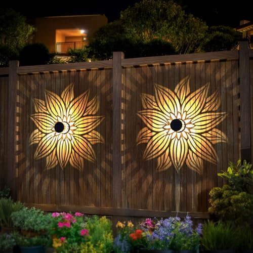Hapjoy Solar Fence Lights 4 Pack Solar Deck Lamps Outdoor Decorations Powered Step Lights Wall Waterproof LED Warm Decorative Lighting for Garden (Flower, 4) - Image 3