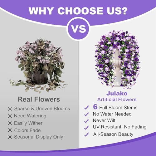 Artificial Hanging Flowers for Outdoors, 6 PCS 414 Blooms UV Resistant Faux Silk Morning Glory Hanging Vines for Porch Balcony Window Box Patio Garden Decor, Purple & Lightpurple - Image 3