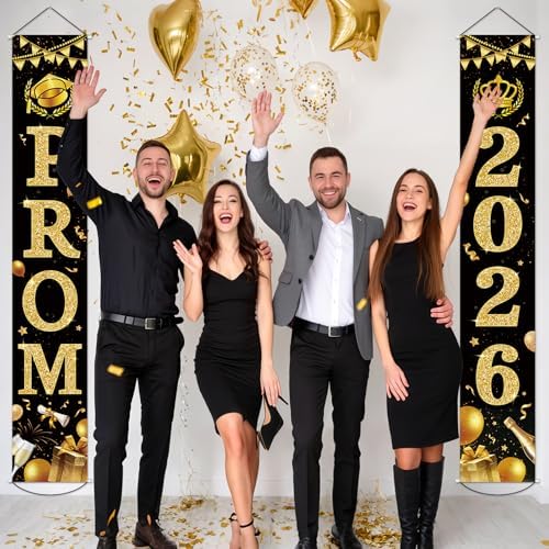 2026 Prom Decorations Banner Set of 2, 12" x 71" Black Gold Graduation Night Party Door Porch Sign Banners for School Home Yard Lawn Front Door Decor, 2026 Pom Parties Backdrop Decoration Indoor Outdoor - Image 3