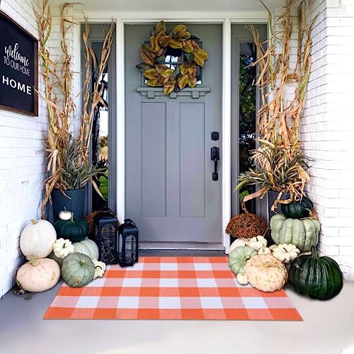 Orange and White Plaid Rug, 28'' x 43'' Fall Front Door Decor Mat, Cotton Washable Hand-Woven Door mat for Layered Doormat, Autumn Halloween Thanksgiving Carpet for Porch, Entryway - Image 3