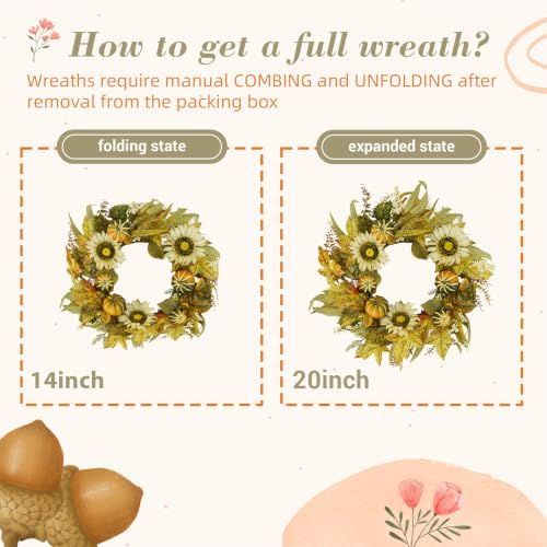 YNYLCHMX 20" Fall Wreath for Front Door, Sunflower, Pumpkin and Berry Decor - Image 5