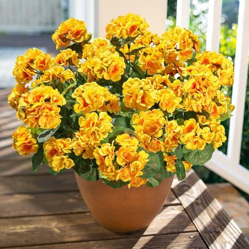 Fake Geraniums Artificial Flowers for Outdoors Winter Decoration, 6 Bundles Silk Geraniums UV Resistant Look Real Yellow Faux Flowers Plants for Front Door Garden Planter Patio Balcony Yard Home - Image 3